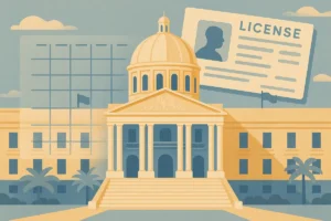Illustration of a Dominican government building with a twelve-month calendar and a gaming licence document