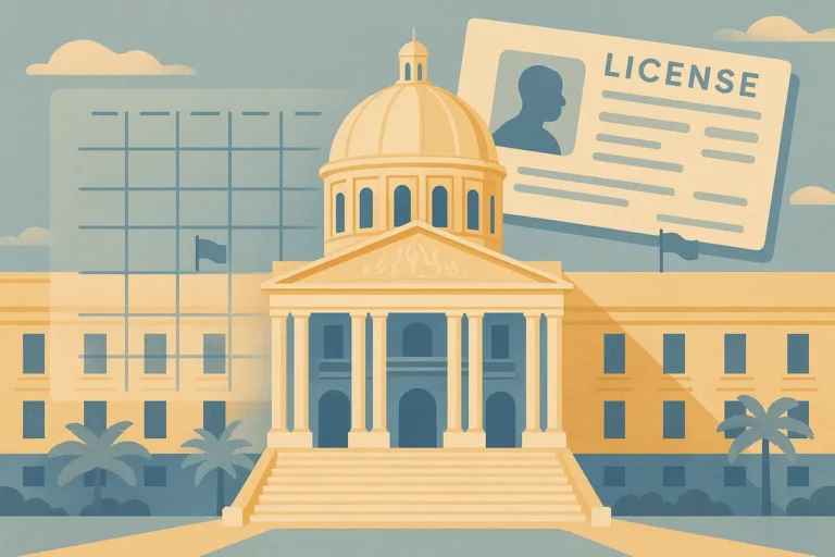 Illustration of a Dominican government building with a twelve-month calendar and a gaming licence document