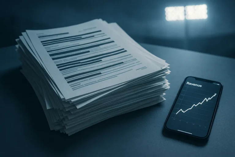 Leaked financial documents beside a phone showing a rising chart, illustrating the Curacao Papers leak and Chilean online casino spend