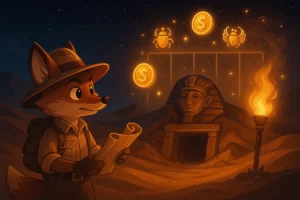 Fox adventurer with a map before an Egyptian tomb, with slot reels and gold coin symbols in the desert night