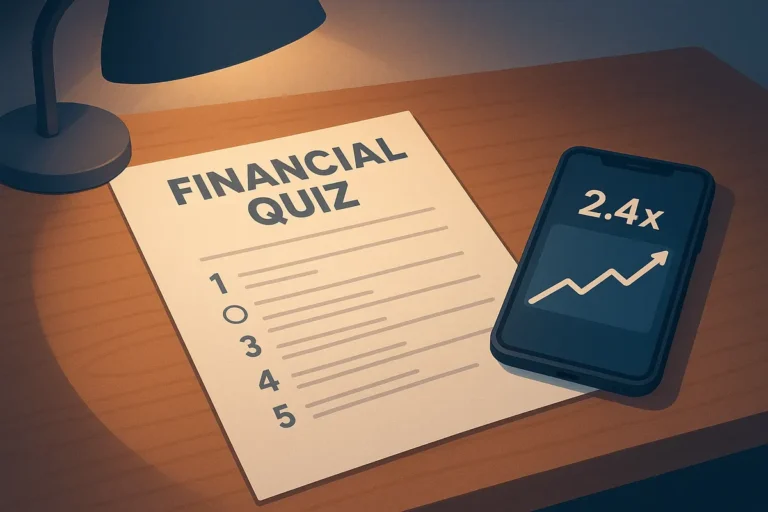 A financial literacy quiz sheet next to a phone showing a betting app and a chart