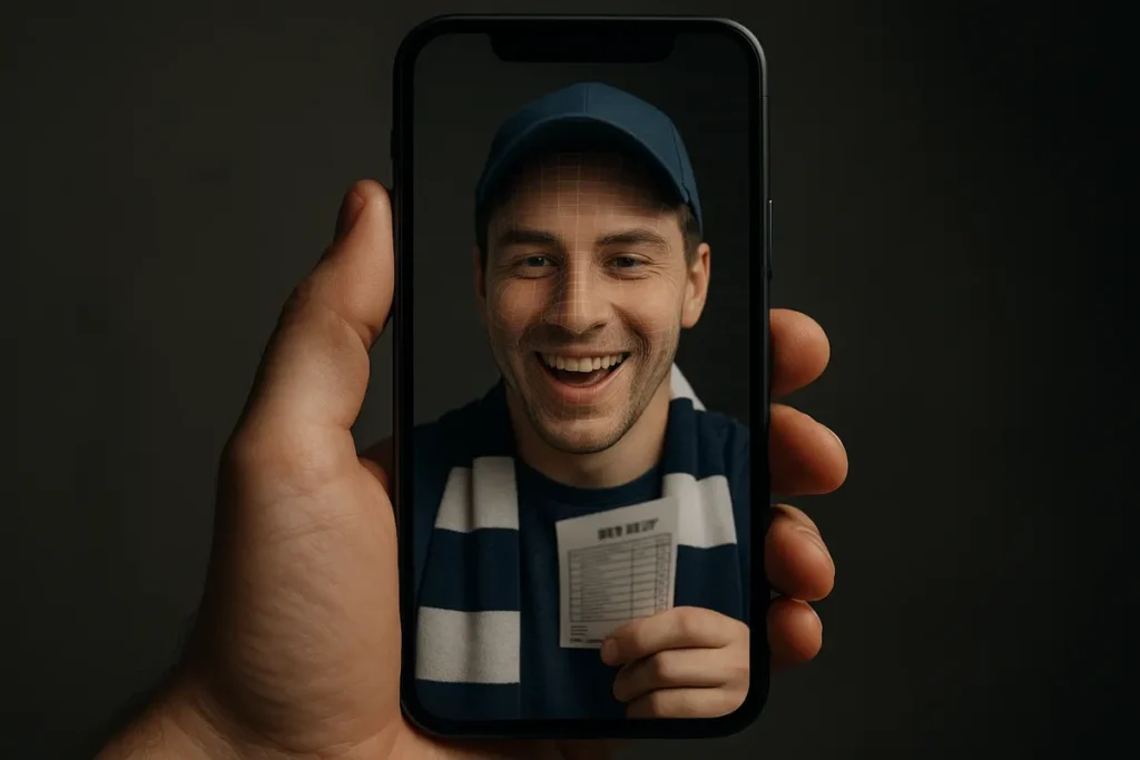 Phone showing a selfie-style betting reaction video with a wireframe overlay on the face, suggesting AI-generated ad creative