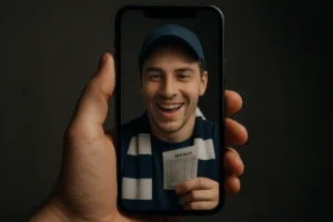 Phone showing a selfie-style betting reaction video with a wireframe overlay on the face, suggesting AI-generated ad creative