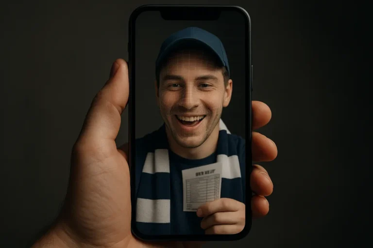 Phone showing a selfie-style betting reaction video with a wireframe overlay on the face, suggesting AI-generated ad creative