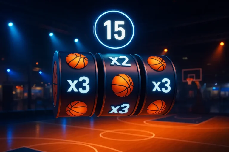 Slot-style reels overlaid on a live basketball court, illustrating BETBY's SlotBets Games format shown at SBC Summit in Lisbon