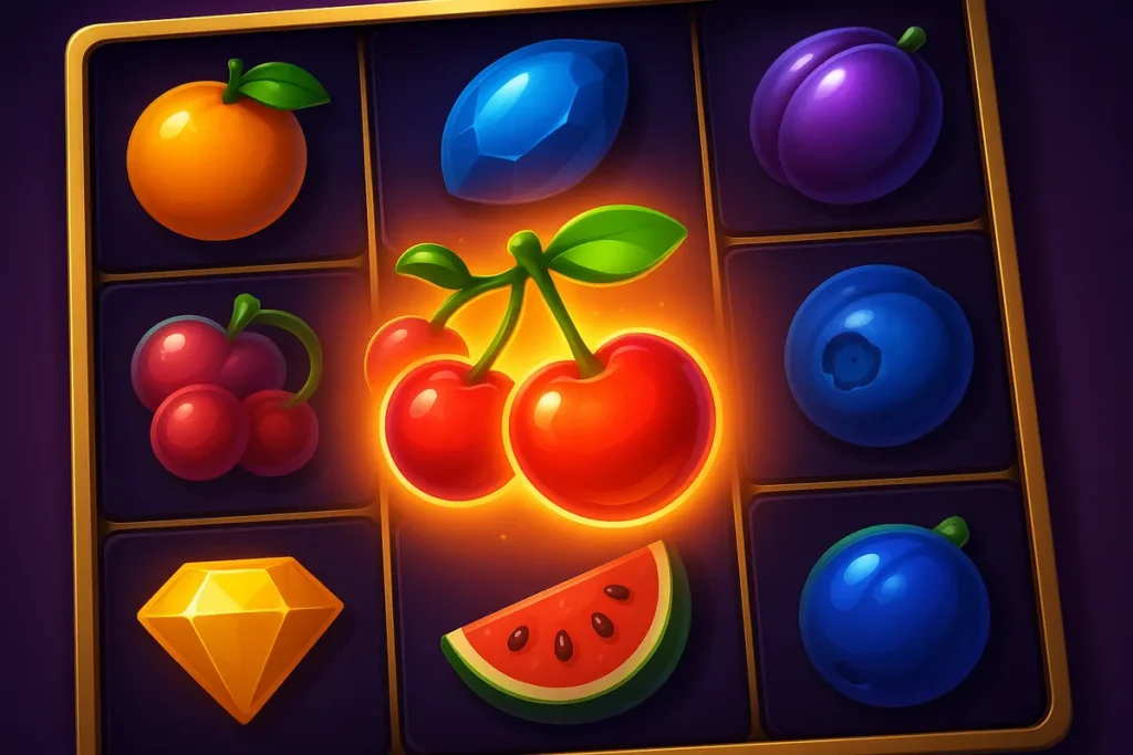 Slot reels filled with fruit and gem symbols merging into a single larger symbol