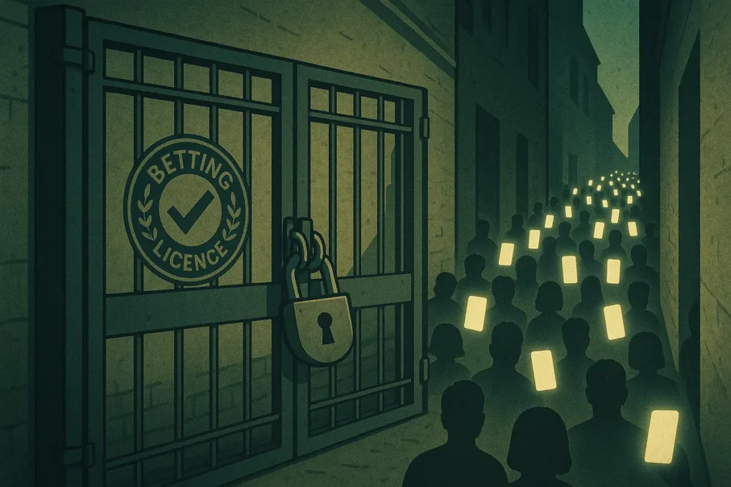 Illustration of a padlocked licensed betting gateway with players routing around it to unlicensed sites
