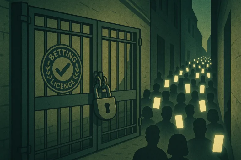 Illustration of a padlocked licensed betting gateway with players routing around it to unlicensed sites
