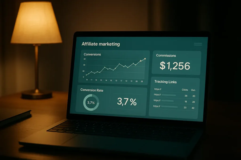 Affiliate dashboard showing tracking and commission data on a laptop at night