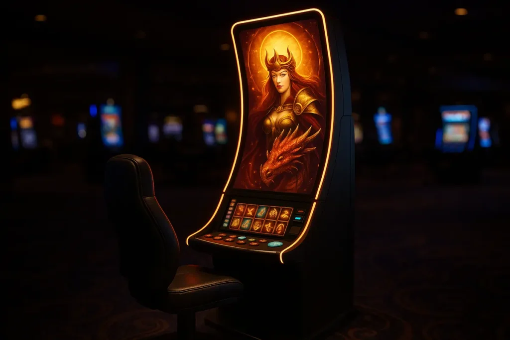 Premium slot cabinet with a large curved screen on a casino floor
