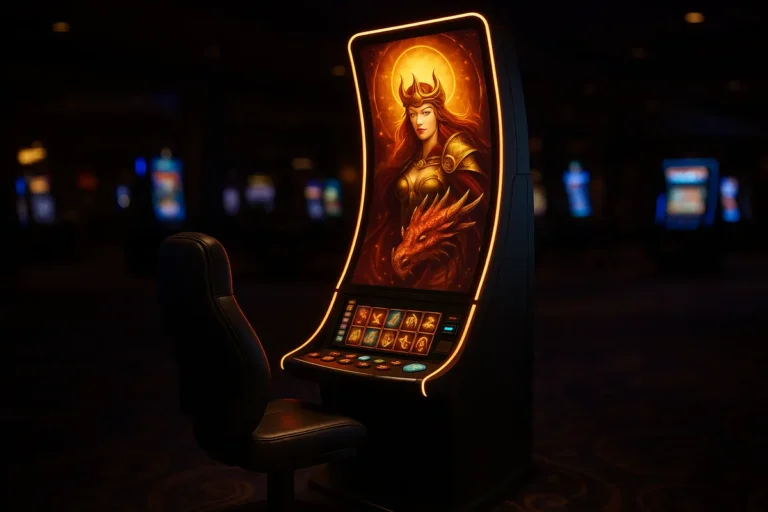 Premium slot cabinet with a large curved screen on a casino floor