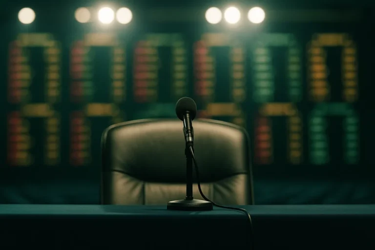 Empty press conference chair and microphone with a blurred odds board behind, illustrating celebrity sportsbook advertising
