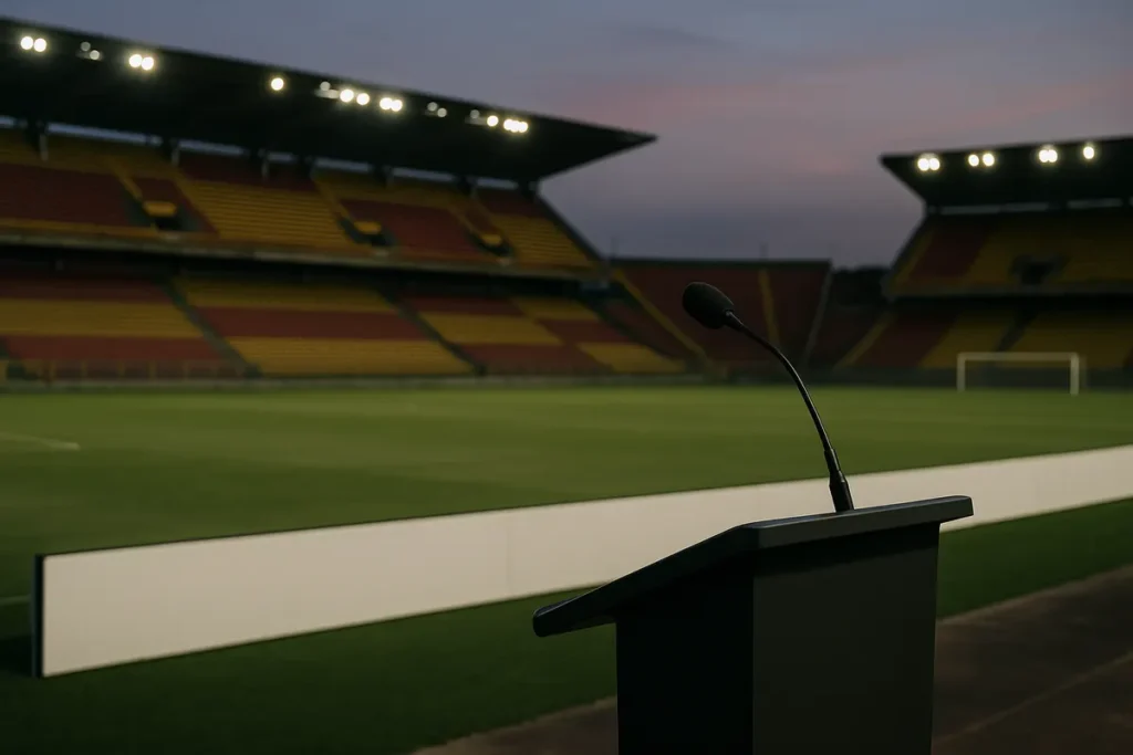 Empty sponsor board at a football stadium representing Chile's unregulated betting sponsorship debate