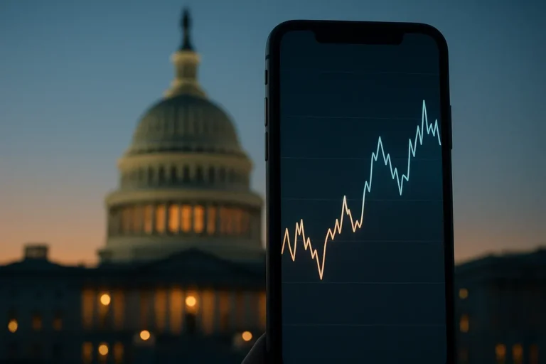 US Capitol viewed through a phone displaying a prediction market price chart