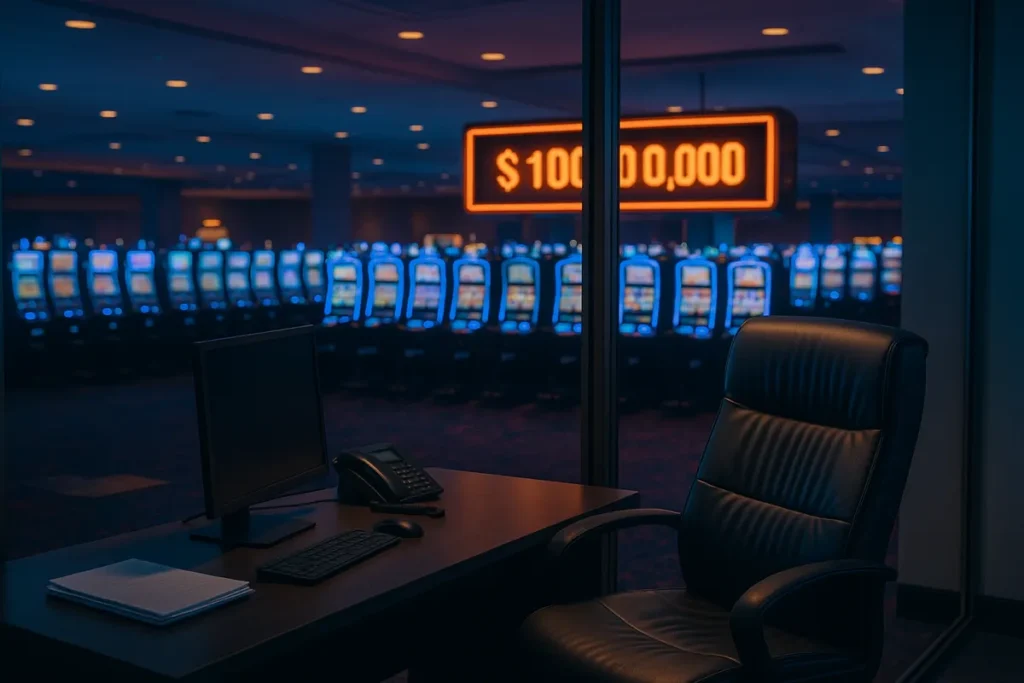 Casino management office overlooking a slot floor with a linked jackpot display, illustrating a leadership change at systems supplier DRGT