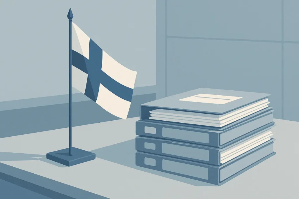 Finnish flag next to a stack of gambling licence application documents on a regulator's desk