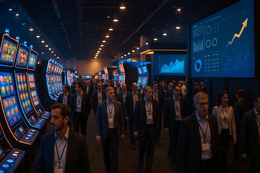 Visitors walking a gaming technology expo floor lined with digital screens and slot cabinets