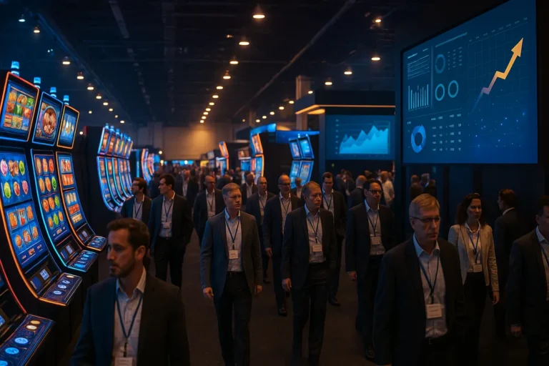 Visitors walking a gaming technology expo floor lined with digital screens and slot cabinets