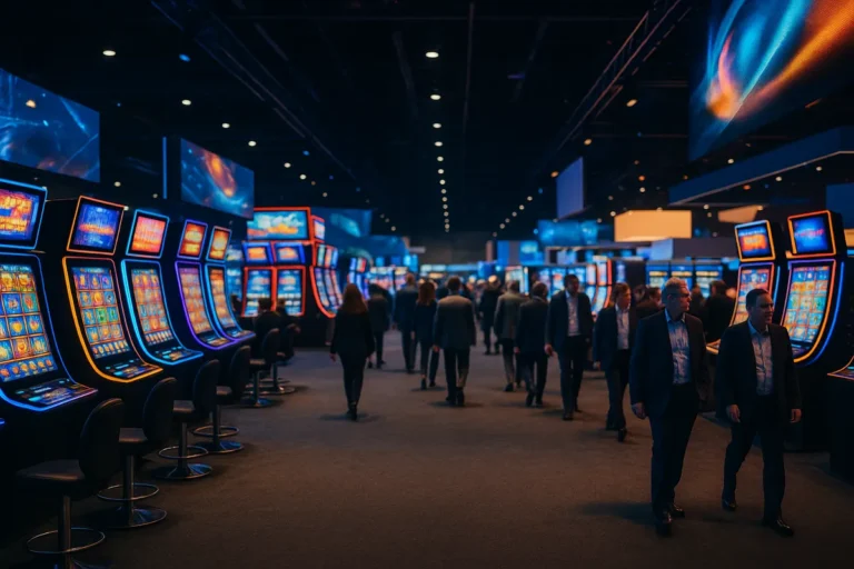 Casino trade show floor with illuminated slot cabinets and large screens at a gaming technology expo