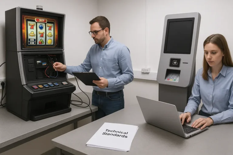 Technicians inspecting a slot cabinet and payment kiosk in a gaming testing lab alongside technical standards documents