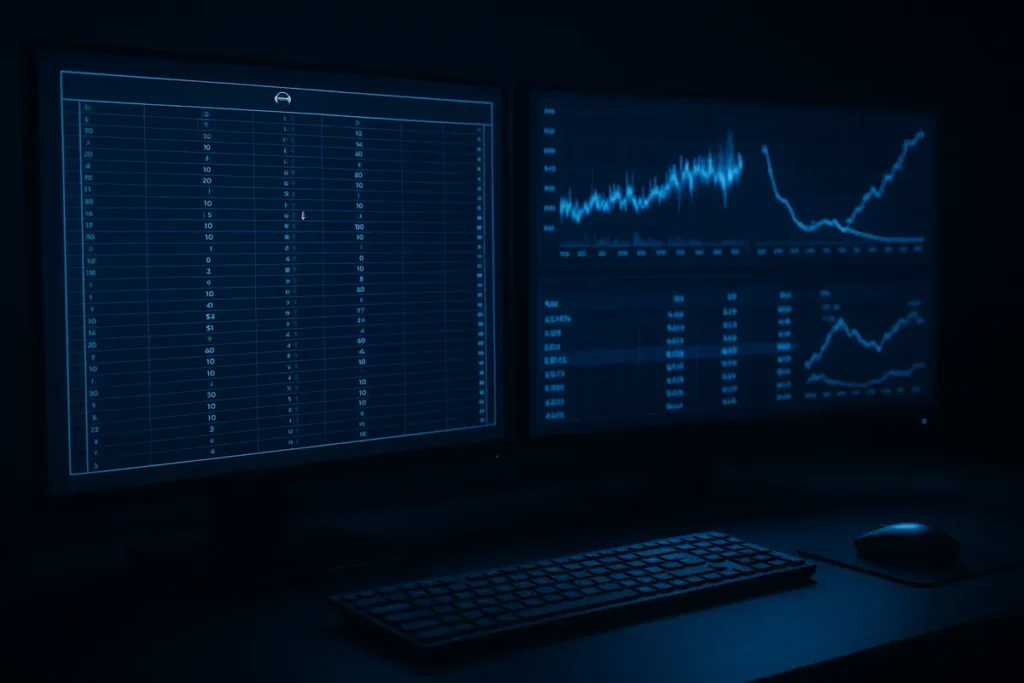 Analyst screens showing live sports play-by-play data alongside prediction market contract prices