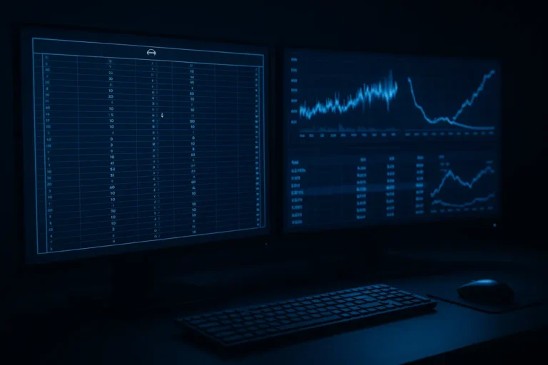 Analyst screens showing live sports play-by-play data alongside prediction market contract prices