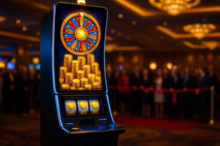 Wheel of Fortune themed premium slot cabinet on a casino floor at its launch event