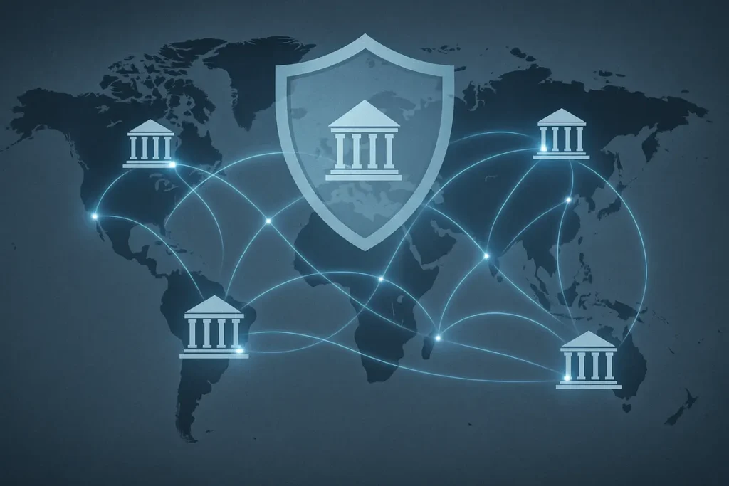 Illustration of gambling regulators in different countries linked by lines, symbolising cross-border enforcement cooperation