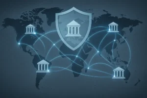 Illustration of gambling regulators in different countries linked by lines, symbolising cross-border enforcement cooperation