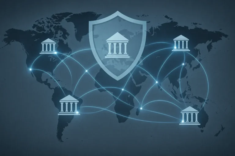 Illustration of gambling regulators in different countries linked by lines, symbolising cross-border enforcement cooperation