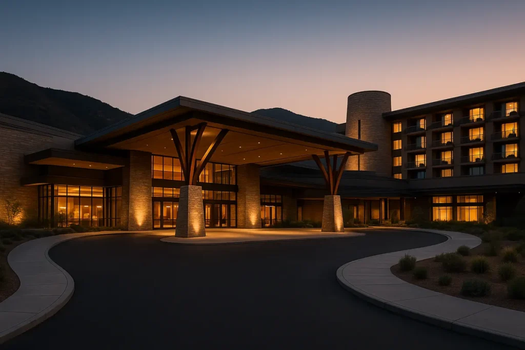 Casino resort building lit at dusk in the hills outside San Diego