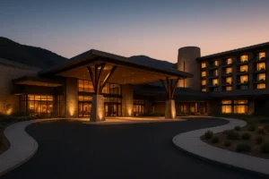 Casino resort building lit at dusk in the hills outside San Diego