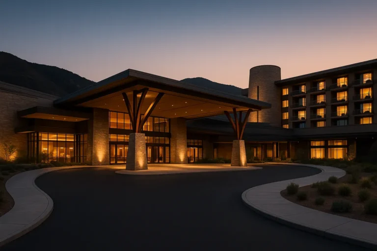 Casino resort building lit at dusk in the hills outside San Diego