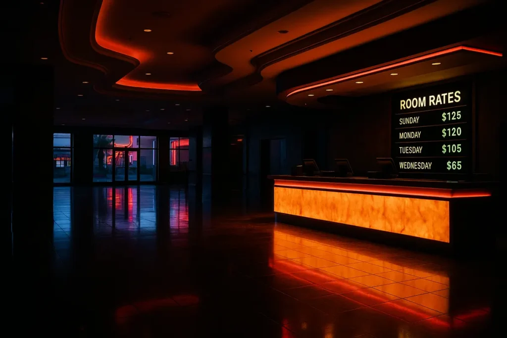 Quiet Las Vegas Strip hotel check-in desk with a digital room rate display
