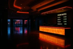 Quiet Las Vegas Strip hotel check-in desk with a digital room rate display