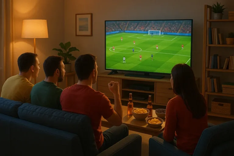 Football fans watching a match at home in a stylised AI-rendered living room scene