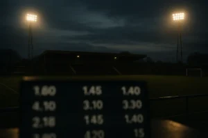 Empty lower-league football stadium at dusk with blurred betting odds display in the foreground