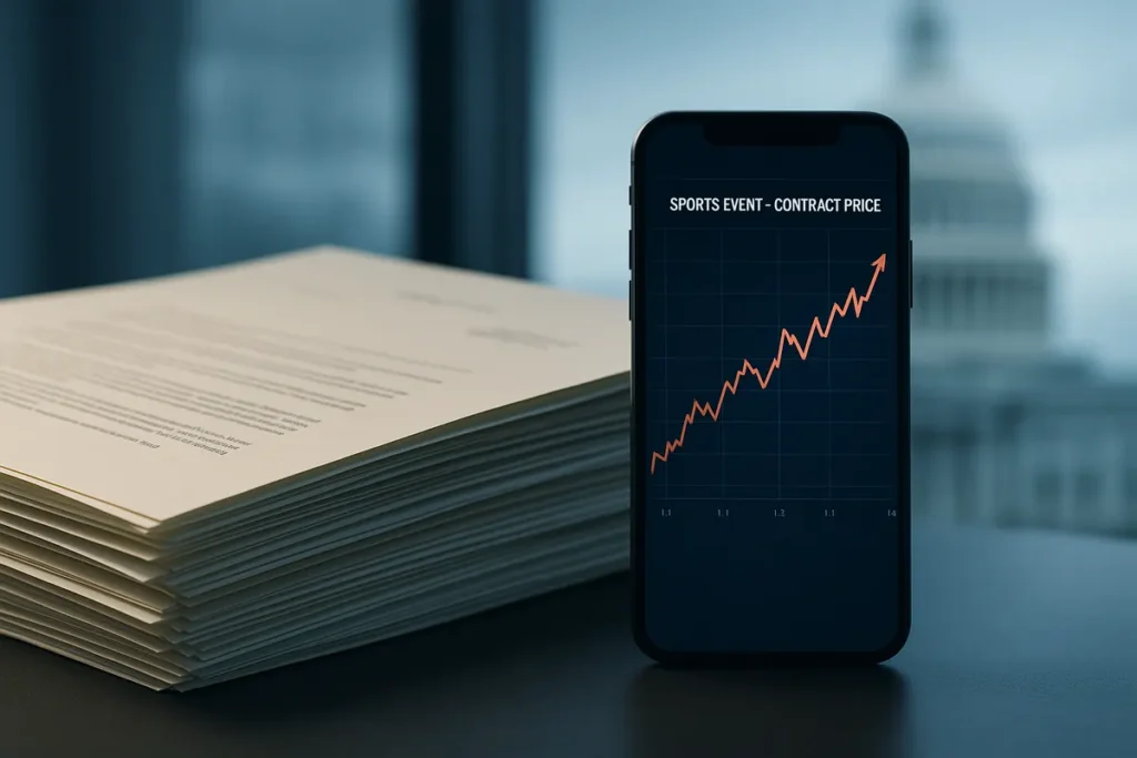 Legal letters on a desk next to a phone showing an event contract price chart
