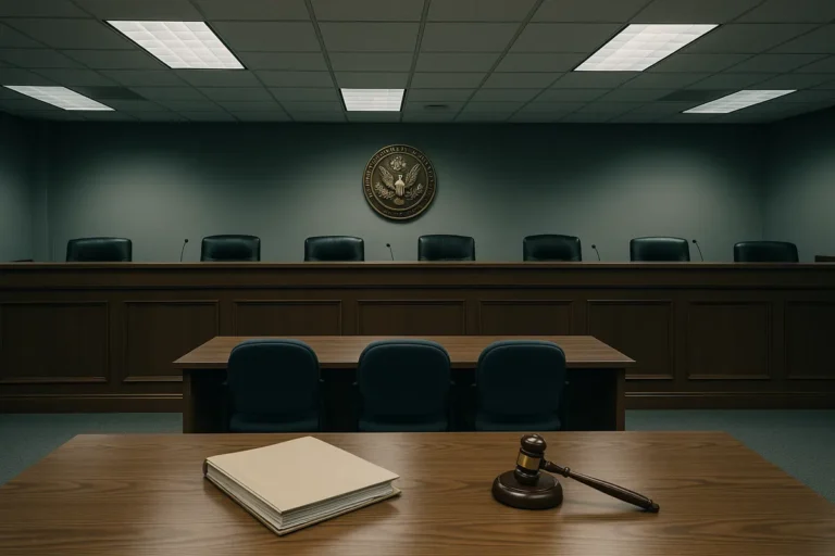 Empty regulatory hearing room with licensing documents on the witness table