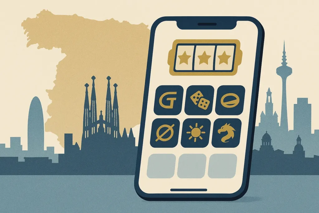 Slot game lobby on a phone with Barcelona skyline in the background, representing Play'n GO's Casino Barcelona launch