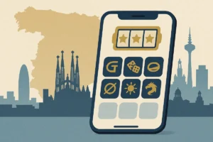 Slot game lobby on a phone with Barcelona skyline in the background, representing Play'n GO's Casino Barcelona launch