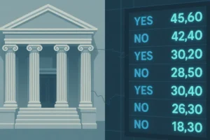 Illustration contrasting a courthouse with an exchange price board showing yes/no event contract prices