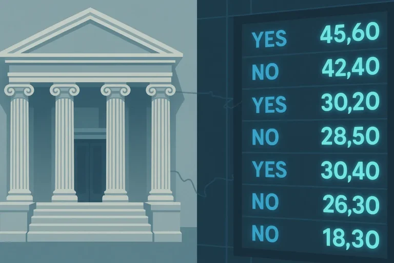 Illustration contrasting a courthouse with an exchange price board showing yes/no event contract prices