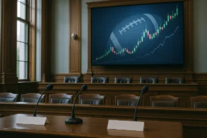 Empty legislative committee table with microphones in front of a screen showing a trading chart, illustrating the Texas prediction market hearing