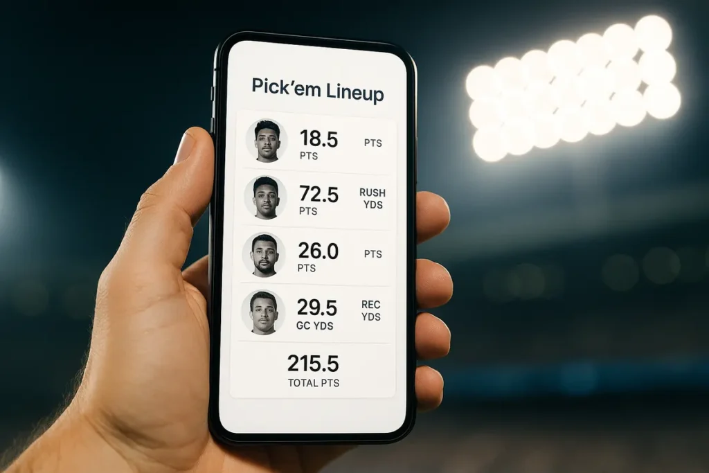 Phone screen showing a multi-athlete pick'em lineup with player stat lines and a game total