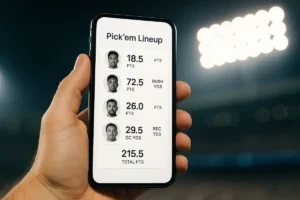 Phone screen showing a multi-athlete pick'em lineup with player stat lines and a game total