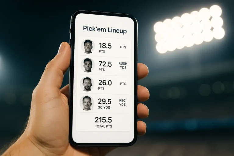 Phone screen showing a multi-athlete pick'em lineup with player stat lines and a game total