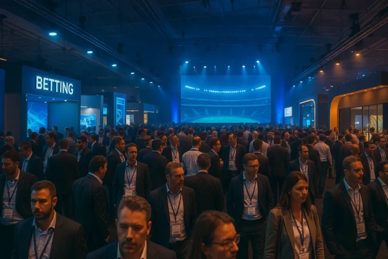 Crowded exhibition hall filled with delegates at a large iGaming industry conference in Lisbon