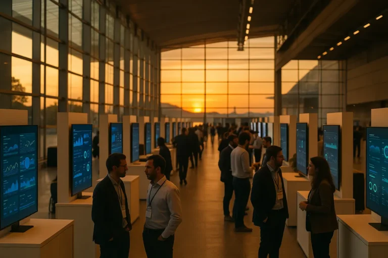 Delegates and exhibition stands at a large iGaming industry conference hall in Lisbon