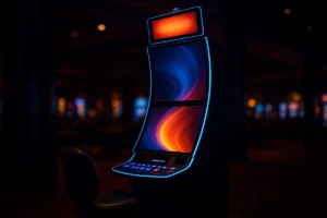 Premium slot machine cabinet with tall dual screens glowing on a casino floor